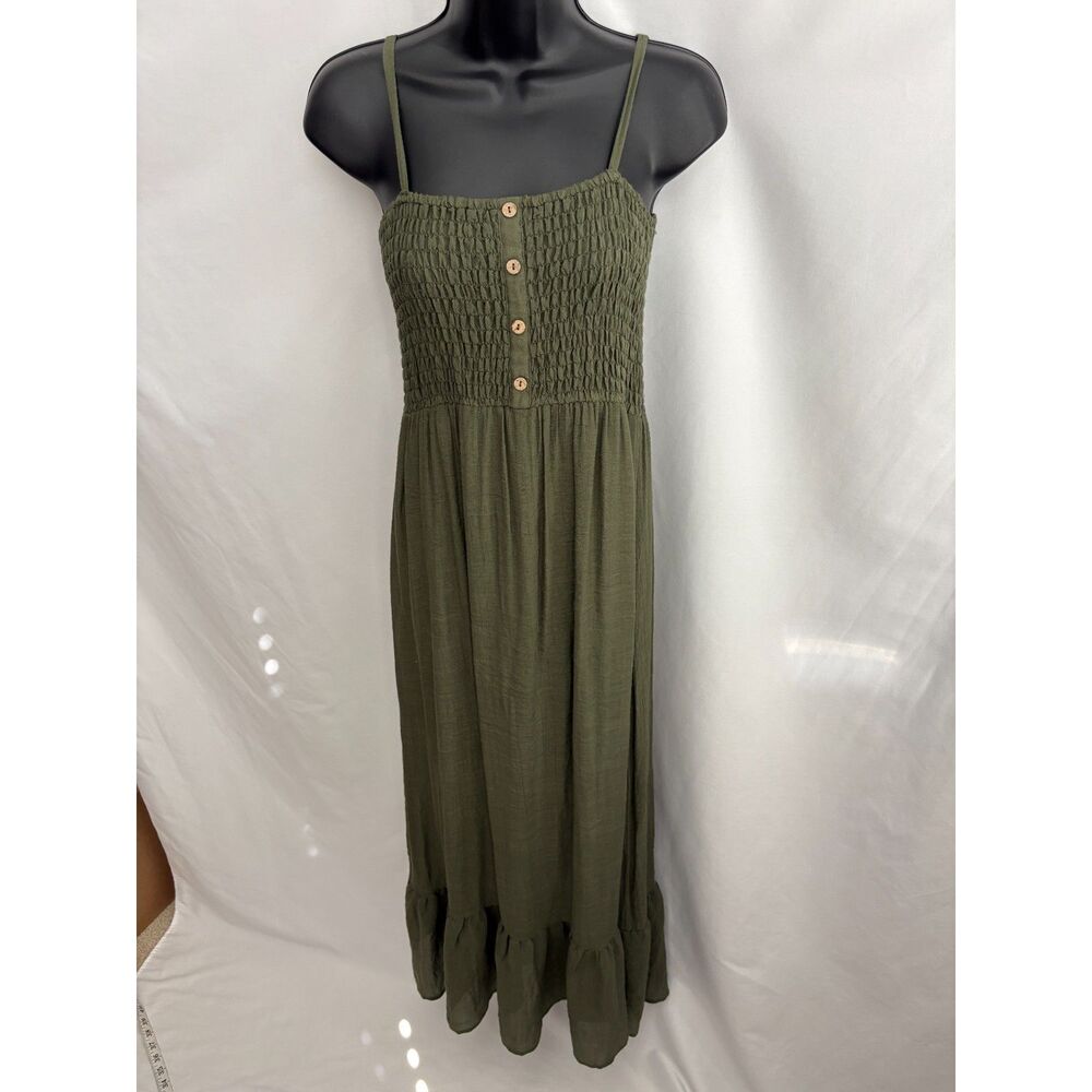 AUW Olive Green Maxi Smocked Dress Ruffle Hem Size L Cottage Prairie Feminine